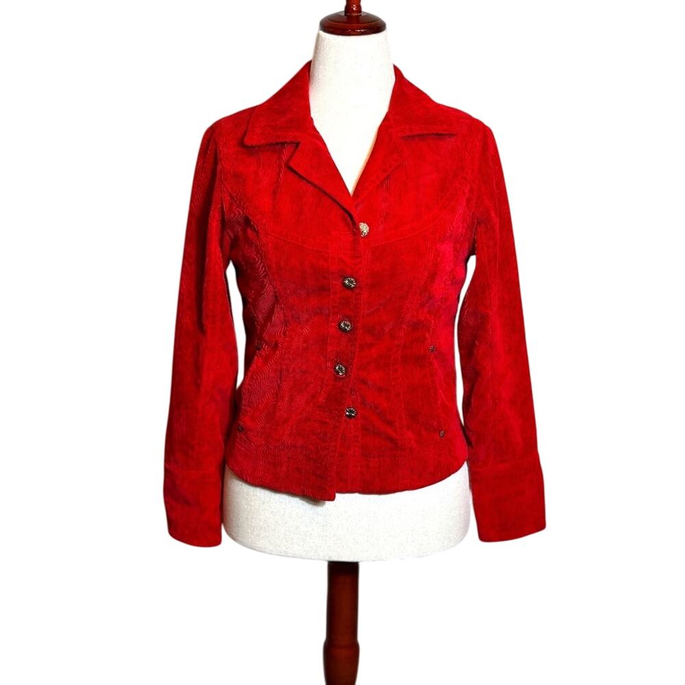 LAL jacket red corduroy button up with pockets and cuffed sleeve detail Sz Small